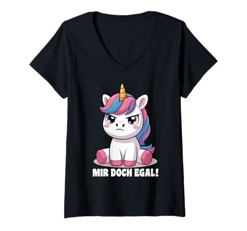 Damen Einhorn Geschenke Mädchen Damen Frauen Mir Doch Egal Einhorn T-Shirt mit V-Ausschnitt von Lustige Einhorn Geschenke Einhorn T Shirt Sprüche