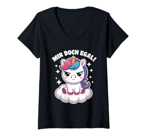 Damen Einhorn Geschenke Mädchen Damen Frauen Mir Doch Egal Einhorn T-Shirt mit V-Ausschnitt von Lustige Einhorn Geschenke Einhorn T Shirt Sprüche