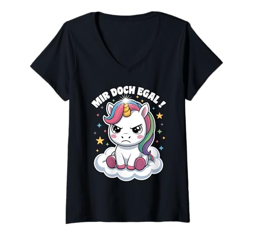 Damen Einhorn Geschenke Mädchen Damen Frauen Mir Doch Egal Einhorn T-Shirt mit V-Ausschnitt von Lustige Einhorn Geschenke Einhorn T Shirt Sprüche