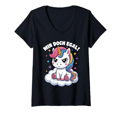 Damen Einhorn Geschenke Mädchen Damen Frauen Mir Doch Egal Einhorn T-Shirt mit V-Ausschnitt von Lustige Einhorn Geschenke Einhorn T Shirt Sprüche