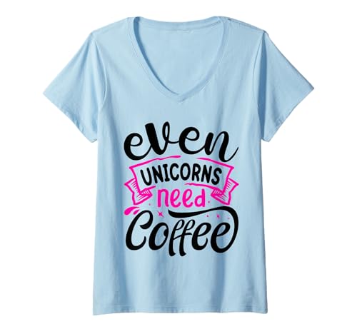 Damen Even Unicorns Need Coffee T-Shirt mit V-Ausschnitt Damen Even Unicorns Need Coffee T-Shirt mit V-Ausschnitt von Lustige Einhorn Geschenke für Frauen Damen Kinder
