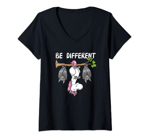 Lustige Einhorn Geschenke für Frauen Damen Damen Einhorn Fledermaus Märchen Be Different T-Shirt mit V-Ausschnitt Schwarz S von Lustige Einhorn Geschenke für Frauen Damen
