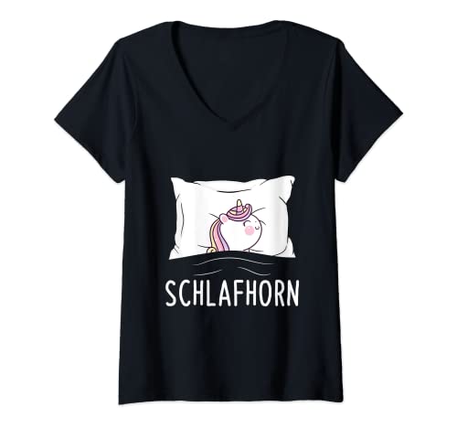 Damen Schlafendes Einhorn Schlafhorn Pyjama Schlafanzug Schlaf T-Shirt mit V-Ausschnitt von Lustige Einhorn Schlafkleidung Geschenke