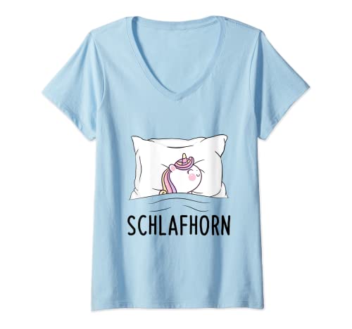 Damen Schlafendes Einhorn Schlafhorn Schlafanzug Pyjama Schlaf T-Shirt mit V-Ausschnitt von Lustige Einhorn Schlafkleidung Geschenke