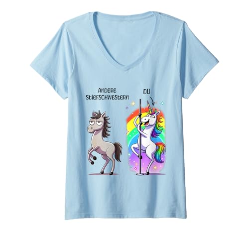 Damen Andere Stiefschwestern Du Einhorn Regenbogen Motiv T-Shirt mit V-Ausschnitt Damen Andere Stiefschwestern Du Einhorn Regenbogen Motiv T-Shirt mit V-Ausschnitt von Lustige Einhorn Sprüche für Frauen