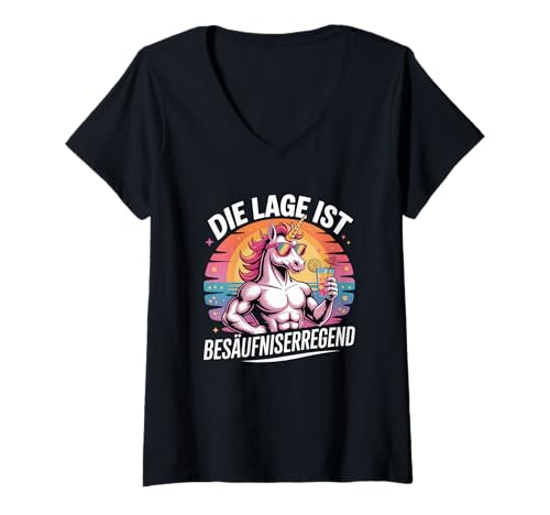 Damen Die Lage Ist Besäufniserregend Unicorn T-Shirt mit V-Ausschnitt Damen Die Lage Ist Besäufniserregend Unicorn T-Shirt mit V-Ausschnitt von Lustige Einhorn Trinkparty Sonnenuntergang Vibes