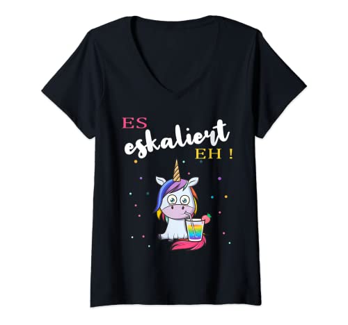 Damen es eskaliert eh Einhorn Lustiges Party JGA Saufen Mallorca T-Shirt mit V-Ausschnitt Damen es eskaliert eh Einhorn Lustiges Party JGA Saufen Mallorca T-Shirt mit V-Ausschnitt von Lustige Einhorn es eskaliert eh Party designs