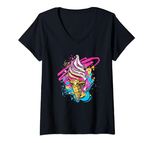 Damen Eistüte Farbkleckse Speiseeis Gelateria T-Shirt mit V-Ausschnitt Damen Eistüte Farbkleckse Speiseeis Gelateria T-Shirt mit V-Ausschnitt von Lustige Eisbecher Grafik T-Shirts
