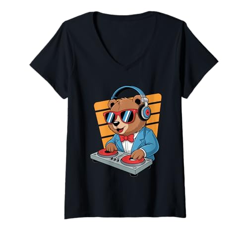 Damen Bär Mit Kopfhörer DJ Tier Party T-Shirt mit V-Ausschnitt Damen Bär Mit Kopfhörer DJ Tier Party T-Shirt mit V-Ausschnitt von Lustige Electro Tiere Techno Vibes DJ Djane Tiere