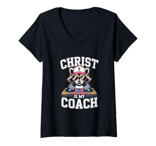 Damen Christ Ist Mein Coach Dj Musik Stilvoll T-Shirt mit V-Ausschnitt von Lustige Electro Tiere Techno Vibes DJ Djane Tiere