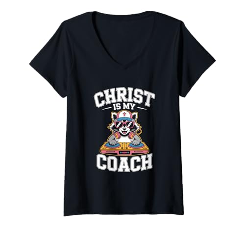 Damen Christ is My Coach Dj Waschbär Motiv T-Shirt mit V-Ausschnitt von Lustige Electro Tiere Techno Vibes DJ Djane Tiere