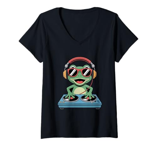 Damen Coole DJ Frosch Tiermusik Enthusiast T-Shirt mit V-Ausschnitt von Lustige Electro Tiere Techno Vibes DJ Djane Tiere