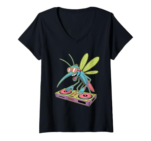 Damen Cooler Dj Mosquito Tierischer Klang T-Shirt mit V-Ausschnitt von Lustige Electro Tiere Techno Vibes DJ Djane Tiere