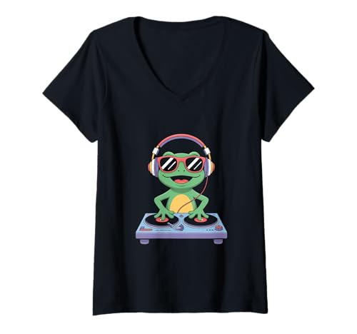 Damen Cooler Frosch DJ Mit Kopfhörern Und Pult T-Shirt mit V-Ausschnitt von Lustige Electro Tiere Techno Vibes DJ Djane Tiere