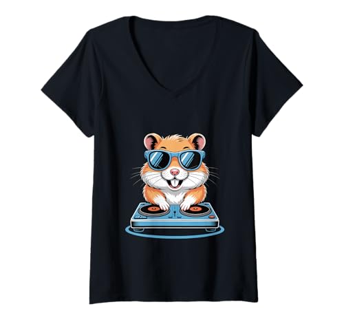 Damen Cooler Hamster Dj Mit Sonnenbrille Tier T-Shirt mit V-Ausschnitt von Lustige Electro Tiere Techno Vibes DJ Djane Tiere