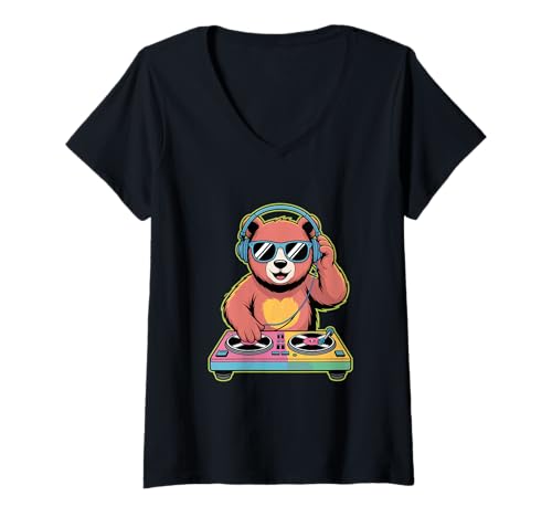Damen DJ Bär Musik Tier Kopfhörer Sonnenbrille T-Shirt mit V-Ausschnitt von Lustige Electro Tiere Techno Vibes DJ Djane Tiere
