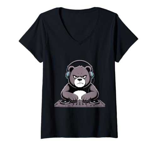 Damen DJ Bär Musikliebhaber Tier DJ T-Shirt mit V-Ausschnitt von Lustige Electro Tiere Techno Vibes DJ Djane Tiere