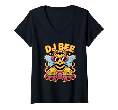 Damen DJ Bee Lustige Biene Musik Tier T-Shirt mit V-Ausschnitt von Lustige Electro Tiere Techno Vibes DJ Djane Tiere