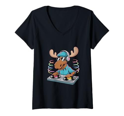 Damen DJ Elch Lustiger Tiermusik Spaß T-Shirt mit V-Ausschnitt von Lustige Electro Tiere Techno Vibes DJ Djane Tiere