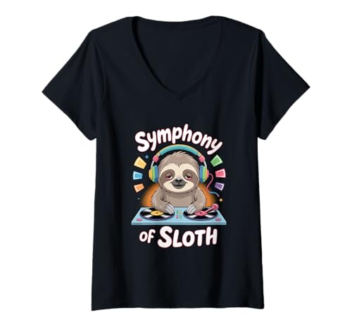 Damen Dj Faultier Symphony of Sloth T-Shirt mit V-Ausschnitt von Lustige Electro Tiere Techno Vibes DJ Djane Tiere