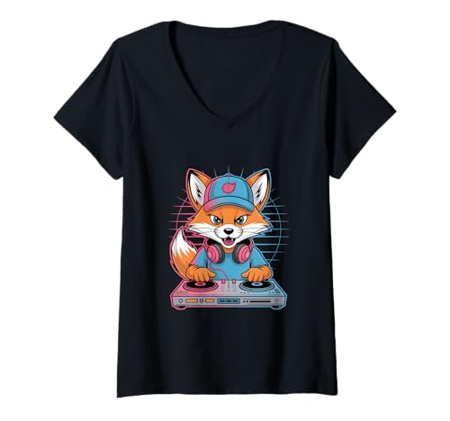 Damen Dj Fox Dj Fox Fox Party Dj Musik Fuchs T-Shirt mit V-Ausschnitt von Lustige Electro Tiere Techno Vibes DJ Djane Tiere