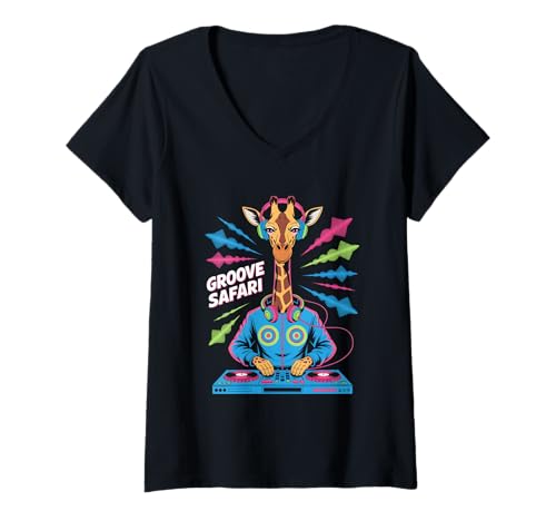 Damen Dj Giraffe Lustig Groove Safari Musik T-Shirt mit V-Ausschnitt von Lustige Electro Tiere Techno Vibes DJ Djane Tiere