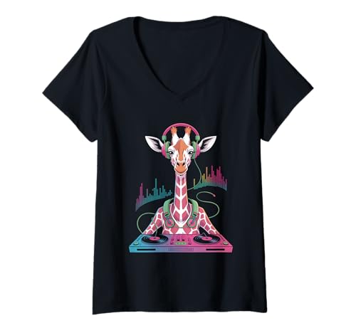 Damen Dj Giraffe Mit Kopfhörern Witzig T-Shirt mit V-Ausschnitt von Lustige Electro Tiere Techno Vibes DJ Djane Tiere