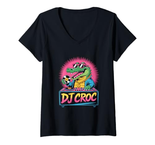 Damen Dj Krokodil Stilvolle Musik Dj Croc Spaß T-Shirt mit V-Ausschnitt von Lustige Electro Tiere Techno Vibes DJ Djane Tiere