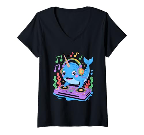 Damen Dj Narwahl Beats Meerjungfrauen Party T-Shirt mit V-Ausschnitt von Lustige Electro Tiere Techno Vibes DJ Djane Tiere