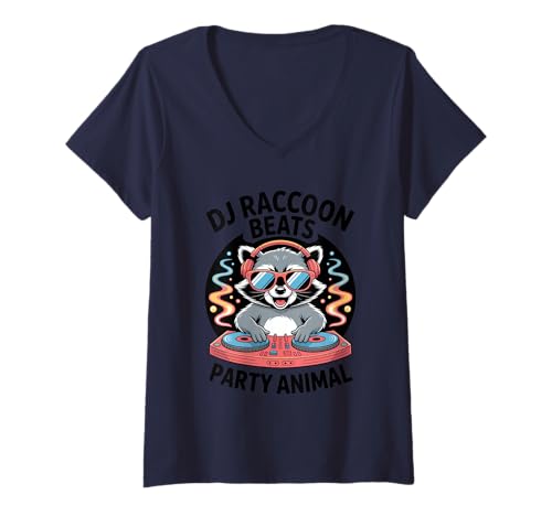 Damen Dj Raccoon Beats Party Animal Waschbär T-Shirt mit V-Ausschnitt von Lustige Electro Tiere Techno Vibes DJ Djane Tiere