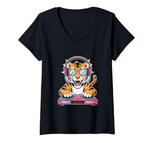 Damen Dj Tiger Party Mit Kopfhörern Am Pult T-Shirt mit V-Ausschnitt Damen Dj Tiger Party Mit Kopfhörern Am Pult T-Shirt mit V-Ausschnitt von Lustige Electro Tiere Techno Vibes DJ Djane Tiere