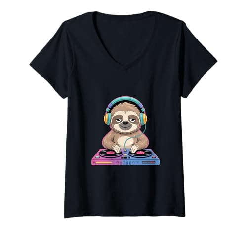 Damen Entspannter DJ Faultier Mit Kopfhörern T-Shirt mit V-Ausschnitt von Lustige Electro Tiere Techno Vibes DJ Djane Tiere