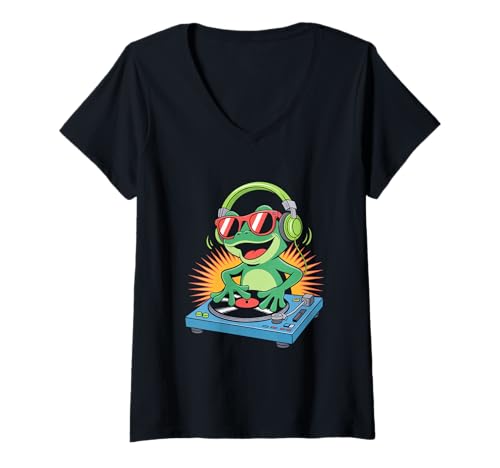 Damen Frosch DJ Mit Kopfhörern An Plattenspieler T-Shirt mit V-Ausschnitt von Lustige Electro Tiere Techno Vibes DJ Djane Tiere