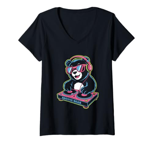 Damen Groove Bear DJ Tier Musik Spaß T-Shirt mit V-Ausschnitt von Lustige Electro Tiere Techno Vibes DJ Djane Tiere