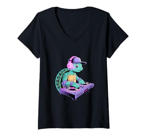 Damen Groovy Tuness Lustige Tier DJ Schildkröte T-Shirt mit V-Ausschnitt von Lustige Electro Tiere Techno Vibes DJ Djane Tiere