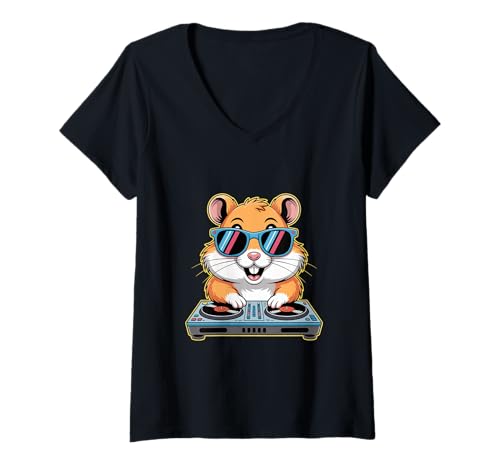 Damen Hamster DJ Musik Tierisches Vergnügen T-Shirt mit V-Ausschnitt von Lustige Electro Tiere Techno Vibes DJ Djane Tiere