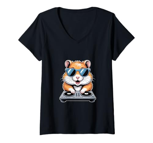 Damen Hamster Dj Tierlustig Musik Party Brille T-Shirt mit V-Ausschnitt von Lustige Electro Tiere Techno Vibes DJ Djane Tiere