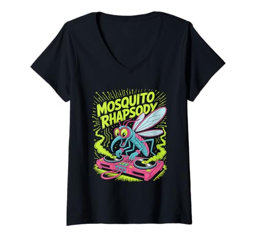 Damen Moskito Rhapsody Dj Tier Lustig Spaß T-Shirt mit V-Ausschnitt von Lustige Electro Tiere Techno Vibes DJ Djane Tiere