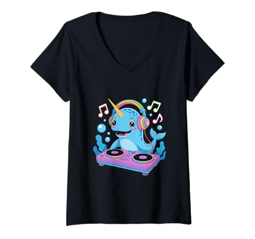 Damen Narwal Dj Musik Niedlich Spaß T-Shirt mit V-Ausschnitt von Lustige Electro Tiere Techno Vibes DJ Djane Tiere