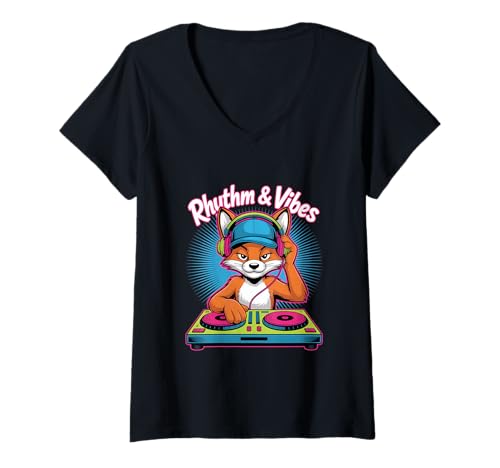 Damen Rhythm & Vibes Dj Fox Coole Musik T-Shirt mit V-Ausschnitt Damen Rhythm & Vibes Dj Fox Coole Musik T-Shirt mit V-Ausschnitt von Lustige Electro Tiere Techno Vibes DJ Djane Tiere