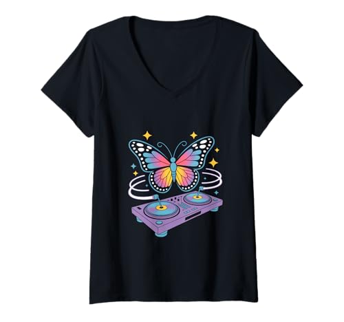 Damen Schmetterling Dj Tier Lustig Musik T-Shirt mit V-Ausschnitt von Lustige Electro Tiere Techno Vibes DJ Djane Tiere