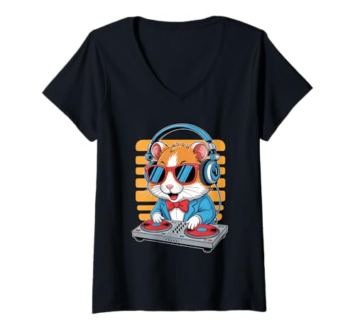 Damen Tier DJ Hamster Cooles Tier DJ Motiv T-Shirt mit V-Ausschnitt von Lustige Electro Tiere Techno Vibes DJ Djane Tiere