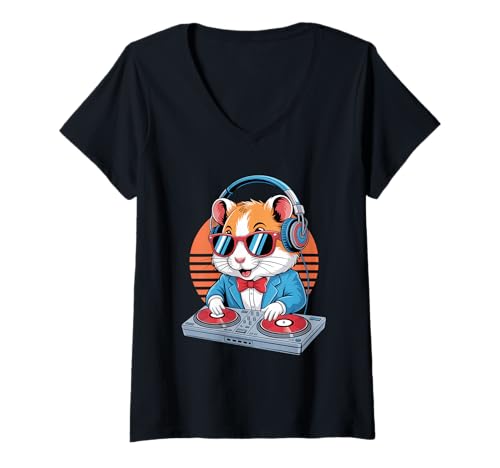 Damen Tierischer DJ Hamster Mit Kopfhörern Und Sonnenbrille T-Shirt mit V-Ausschnitt Damen Tierischer DJ Hamster Mit Kopfhörern Und Sonnenbrille T-Shirt mit V-Ausschnitt von Lustige Electro Tiere Techno Vibes DJ Djane Tiere