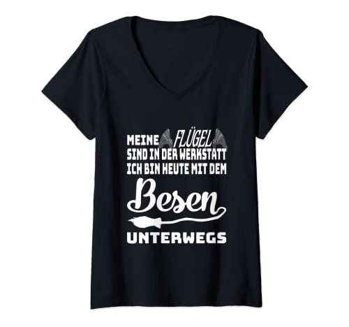 Damen Meine Flügel sind in der Werkstatt - cooles Sprüche T-Shirt mit V-Ausschnitt von Lustige Engel und Hexen Sprüche