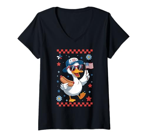 Damen Patriotische Cartoon-Ente Sonnenbrille US Flagge Parade Juli T-Shirt mit V-Ausschnitt von Lustige Ente Sommer BBQ Parade USA Stolz