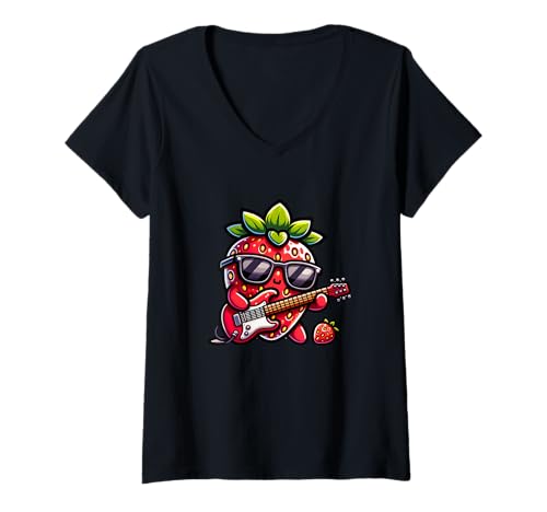 Damen Erdbeere Mit Gitarre Coole Sonnenbrille T-Shirt mit V-Ausschnitt Damen Erdbeere Mit Gitarre Coole Sonnenbrille T-Shirt mit V-Ausschnitt von Lustige Erdbeere Musik Gitarre Spaß