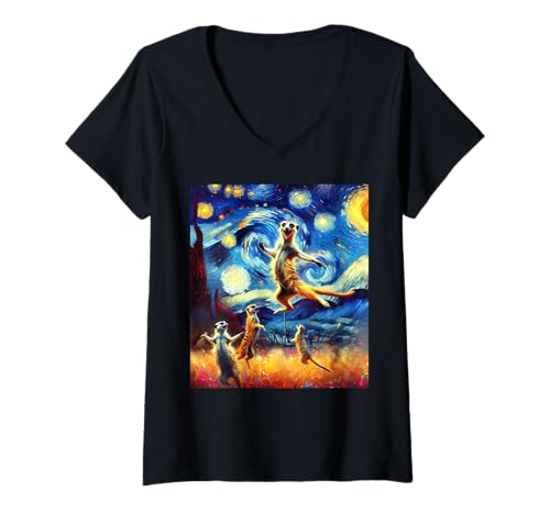 Damen Erdmänchen Starry Night Erdmännchen T-Shirt mit V-Ausschnitt Damen Erdmänchen Starry Night Erdmännchen T-Shirt mit V-Ausschnitt von Lustige Erdmännchen Motive Für Herren Und Damen