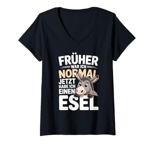 Damen Früher War Ich Normal Jetzt Habe Ich Einen Esel T-Shirt mit V-Ausschnitt Damen Früher War Ich Normal Jetzt Habe Ich Einen Esel T-Shirt mit V-Ausschnitt von Lustige Esel Sprüche Retro Sonnenuntergang
