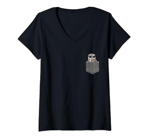 Damen Eule in Brusttasche T-Shirt mit V-Ausschnitt Damen Eule in Brusttasche T-Shirt mit V-Ausschnitt von Lustige Eule Geschenke & Schlafshirts