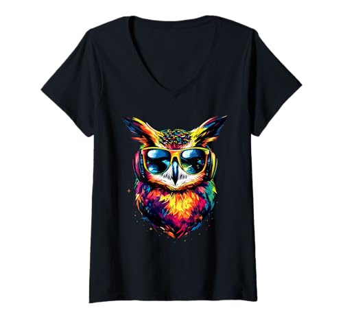 Damen Eule Bunt Regenbogen Farben Pop Art Kauz Uhu Owl Süße Eulen T-Shirt mit V-Ausschnitt Damen Eule Bunt Regenbogen Farben Pop Art Kauz Uhu Owl Süße Eulen T-Shirt mit V-Ausschnitt von Lustige Eulen für bunte Uhu & Eulen Liebhaber